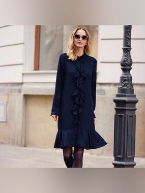 Tory Burch Jane Navy Ruffled Crepe de Chine Dress Size 6